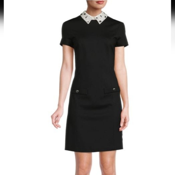 Karl Lagerfeld Studded Collared Mini Dress Black White Silver Mirrored Accents 8 - Picture 1 of 17